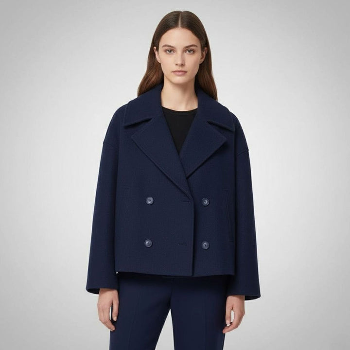 Women's Cropped Double-Breasted Short Jacket Tailored Coat - Navy Blue