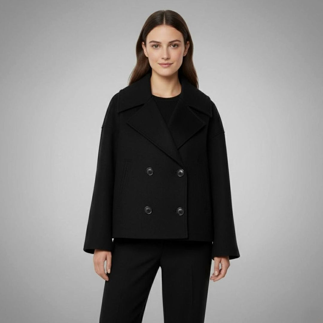 Women's Cropped Double-Breasted Short Jacket Tailored Coat - Black