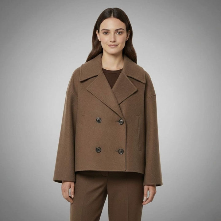 Women's Cropped Double-Breasted Short Jacket Tailored Coat - Brown