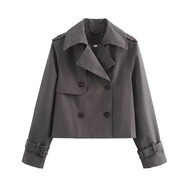 Women's Cropped Double-Breasted Trench Coat Buckle Cuff - Gray