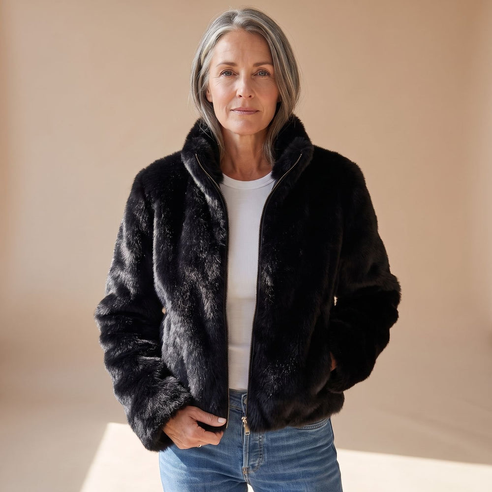 Women's Cropped Faux Fur Coat Zip-Up Fluffy Jacket - Black