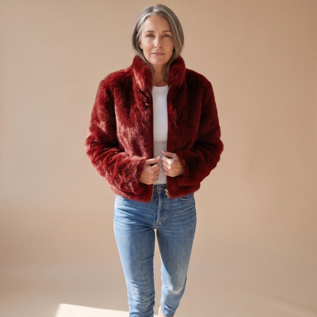 Women's Cropped Faux Fur Coat Zip-Up Fluffy Jacket - Red