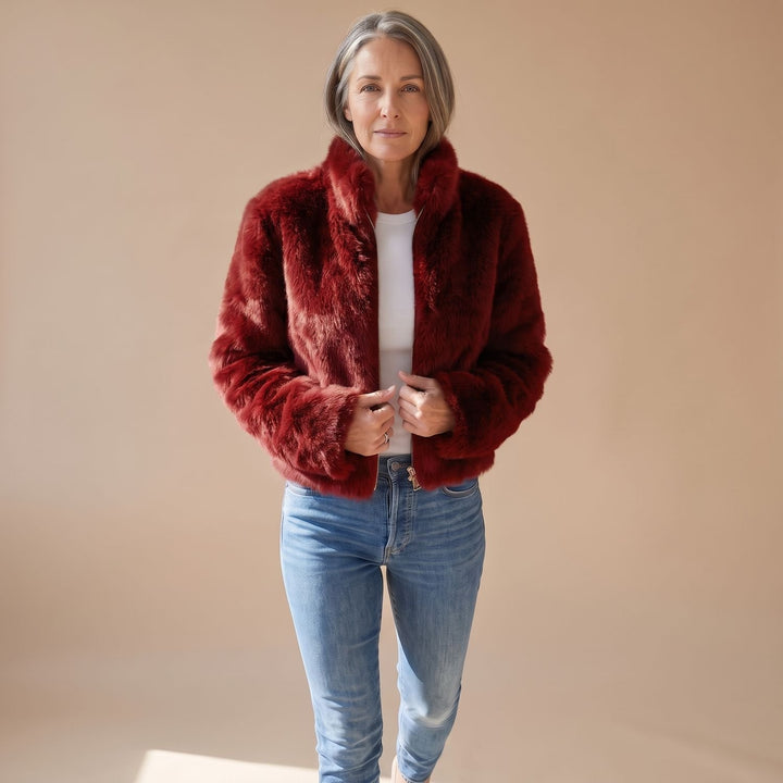Women's Cropped Faux Fur Coat Zip-Up Fluffy Jacket - Red