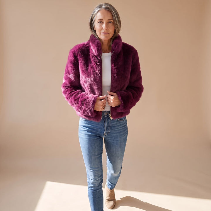 Women's Cropped Faux Fur Coat Zip-Up Fluffy Jacket - Purple