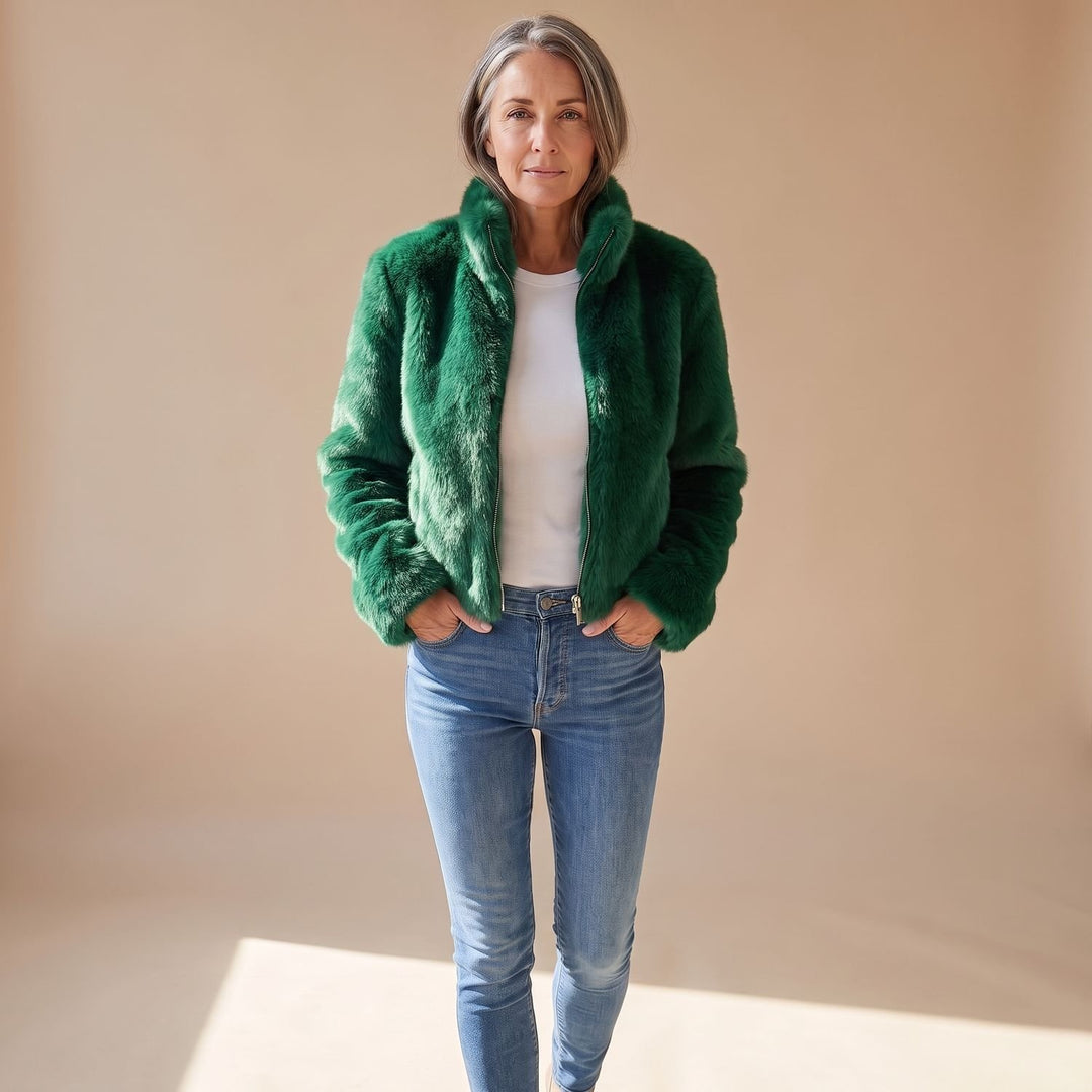 Women's Cropped Faux Fur Coat Zip-Up Fluffy Jacket - Green