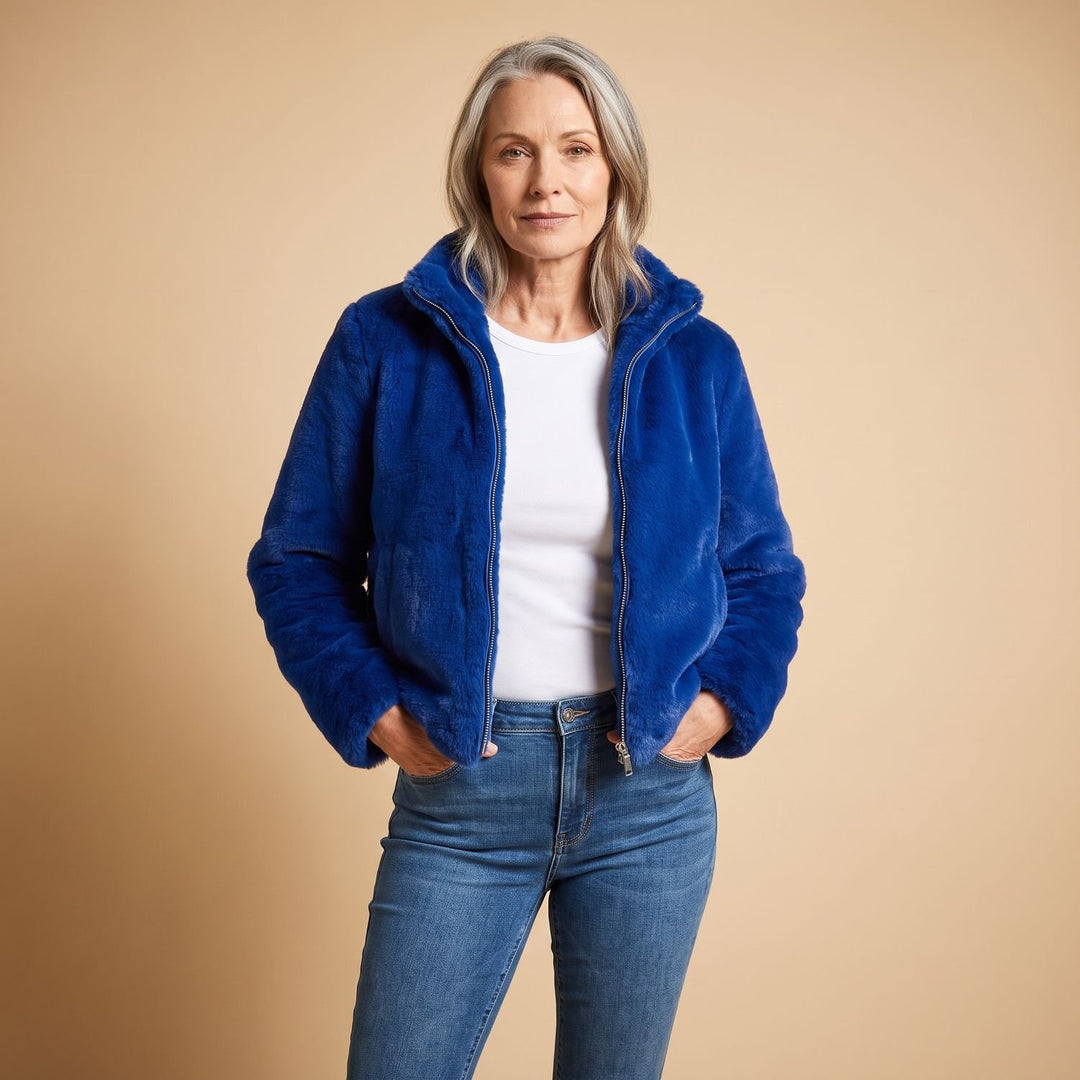Women's Cropped Faux Fur Coat Zip-Up Fluffy Jacket - Blue