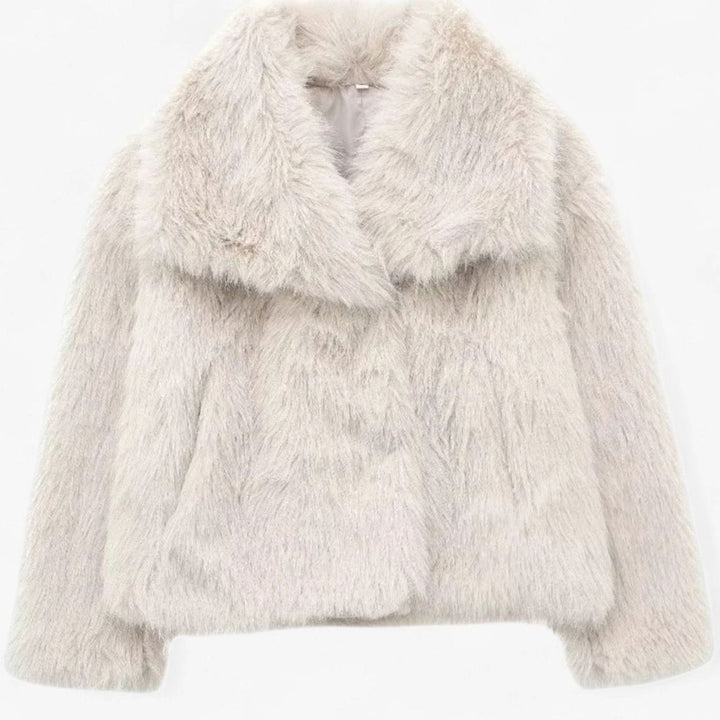 Women's Cropped Faux Fur Oversized-Collar Warm Jacket - Beige