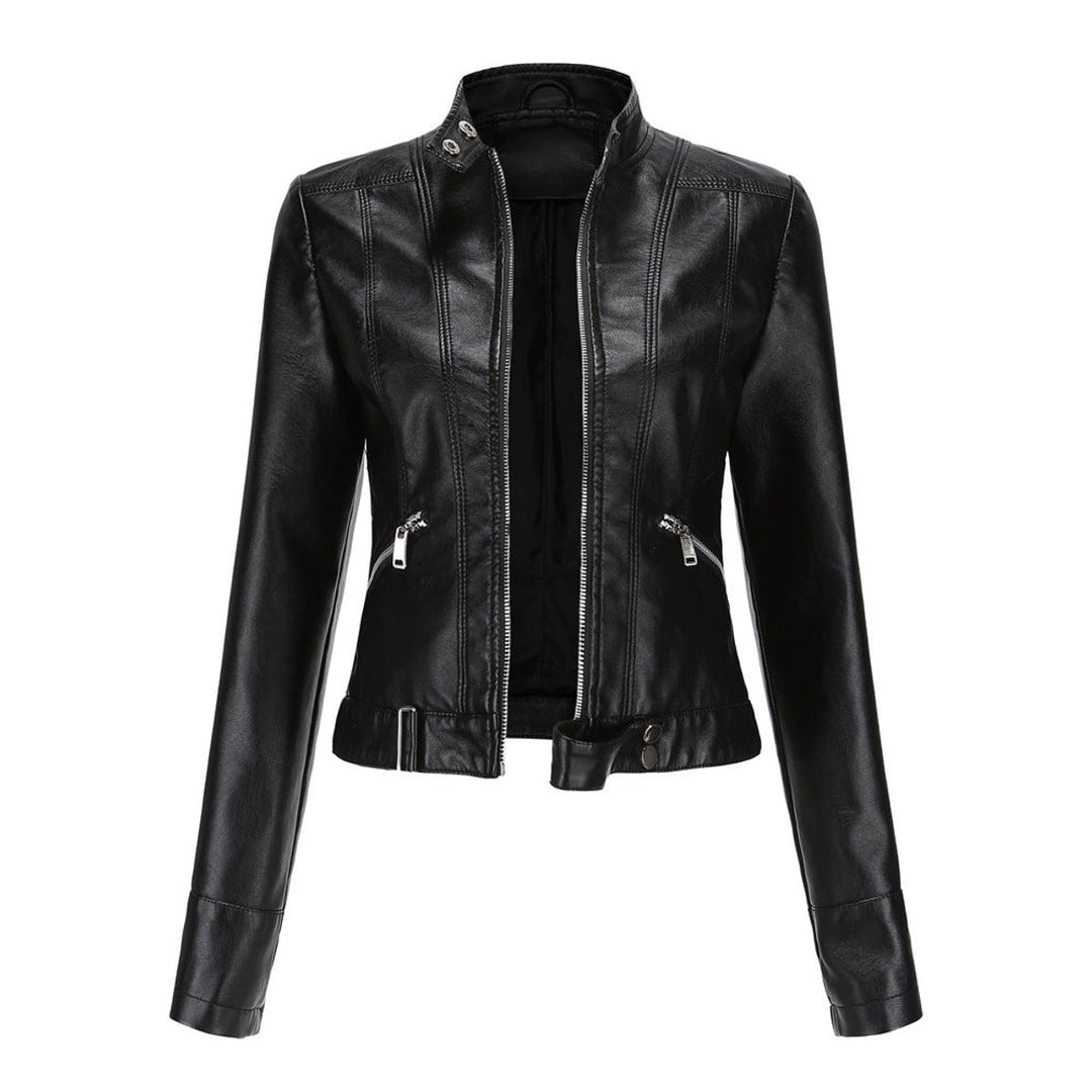 Women's Cropped Faux Leather Jacket Stand-Collar Moto Biker - Black