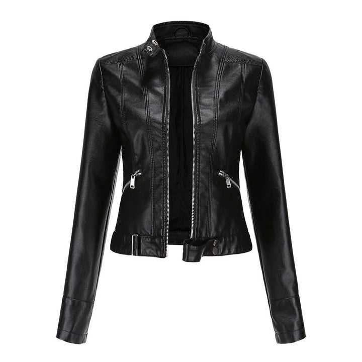 Women's Cropped Faux Leather Jacket Stand-Collar Moto Biker - Black