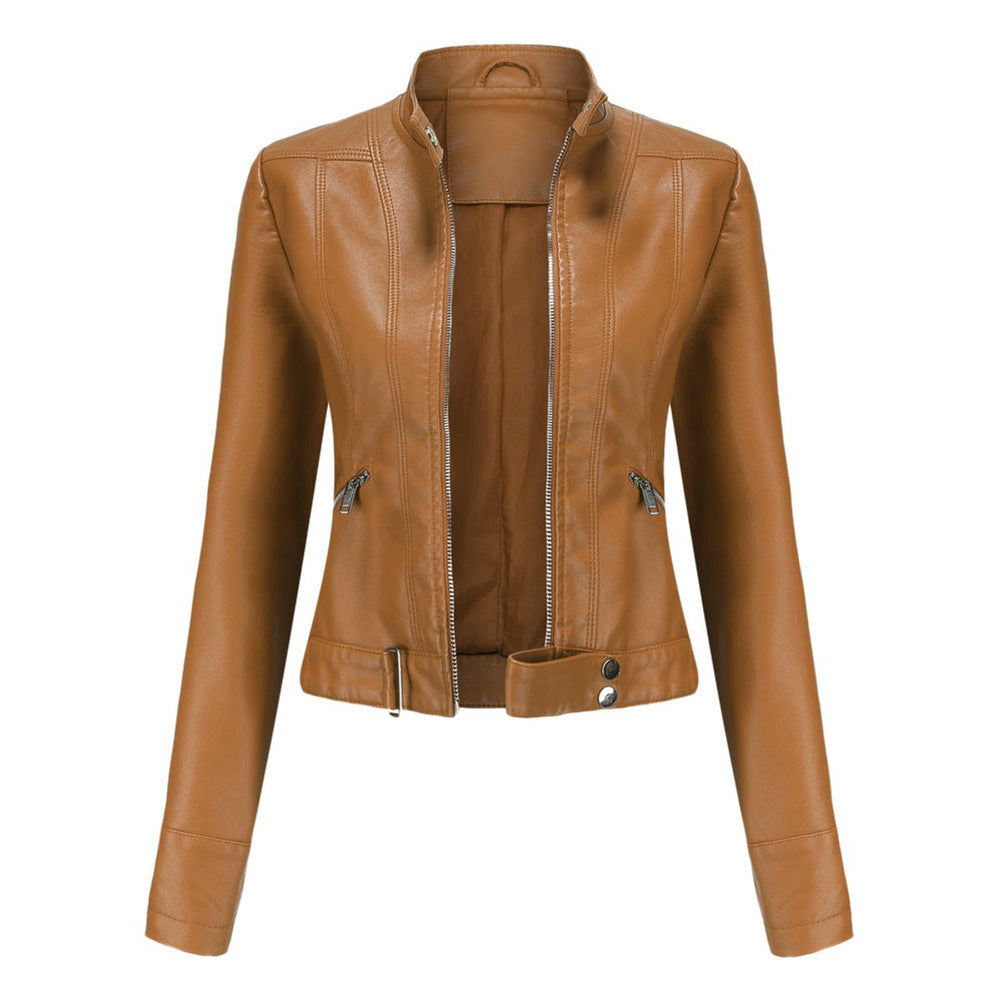 Women's Cropped Faux Leather Jacket Stand-Collar Moto Biker - Light Brown