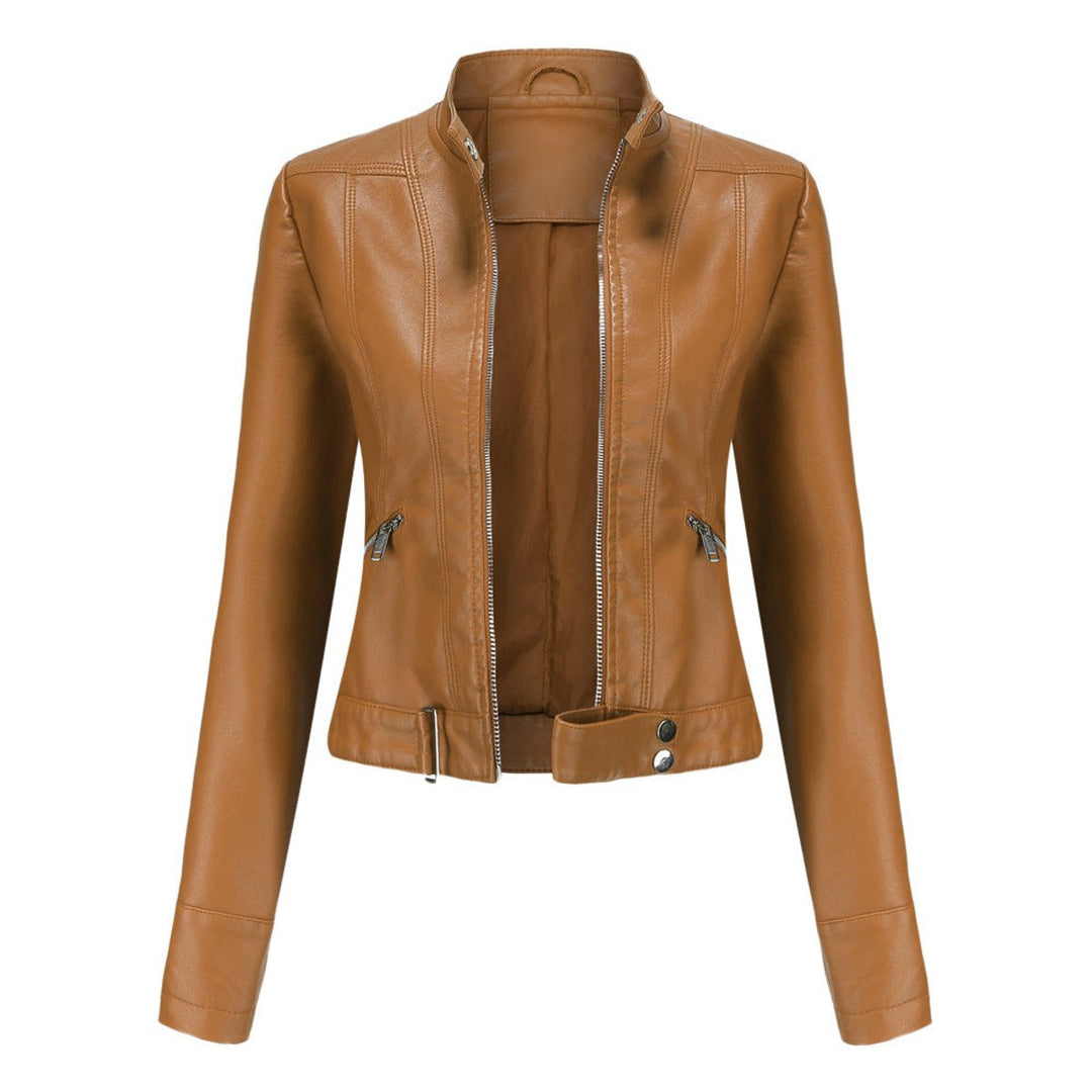 Women's Cropped Faux Leather Jacket Stand-Collar Moto Biker - Light Brown