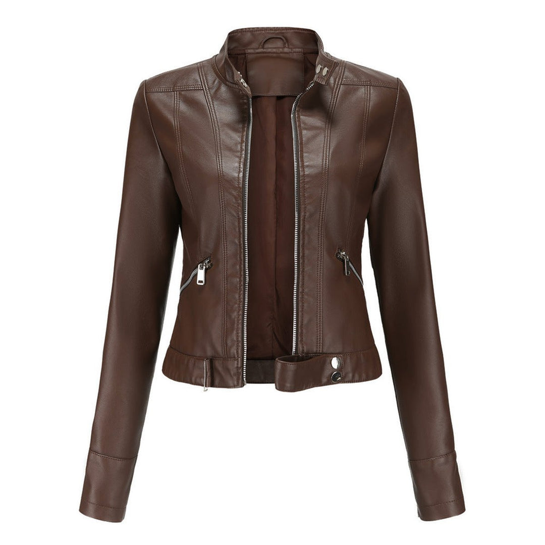 Women's Cropped Faux Leather Jacket Stand-Collar Moto Biker - Brown