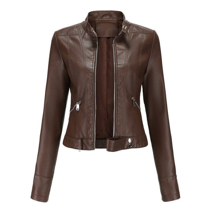 Women's Cropped Faux Leather Jacket Stand-Collar Moto Biker - Brown