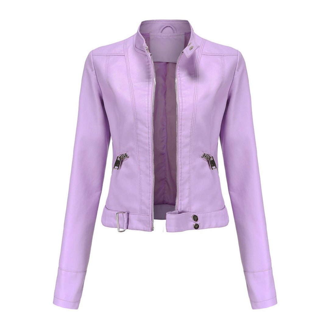 Women's Cropped Faux Leather Jacket Stand-Collar Moto Biker - Lilac