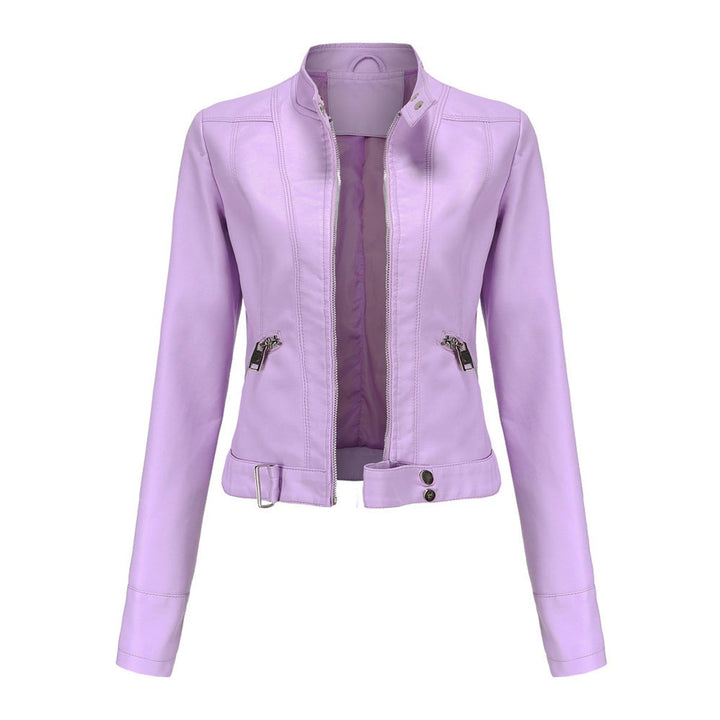 Women's Cropped Faux Leather Jacket Stand-Collar Moto Biker - Lilac