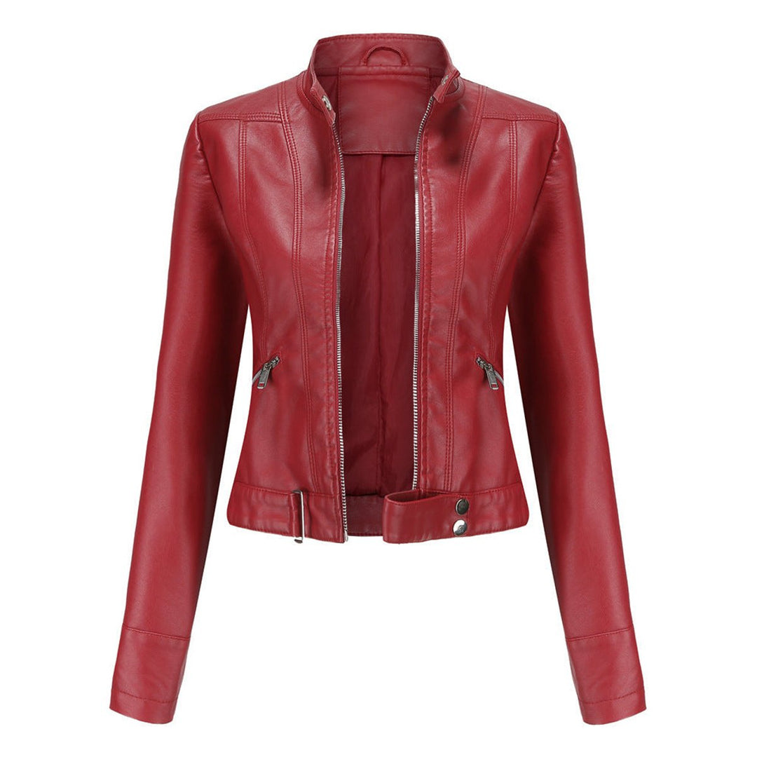 Women's Cropped Faux Leather Jacket Stand-Collar Moto Biker - Red