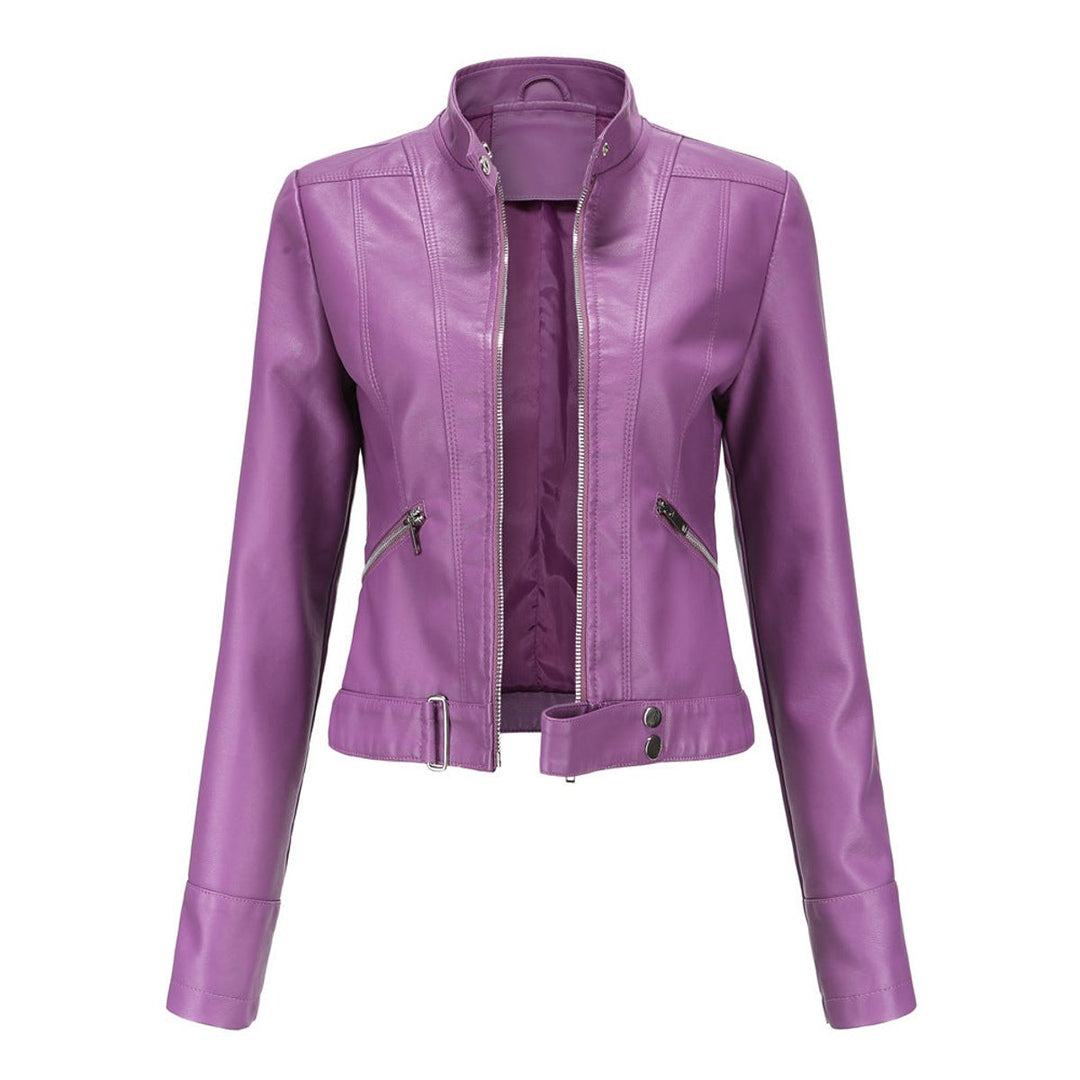 Women's Cropped Faux Leather Jacket Stand-Collar Moto Biker - Dark Violet
