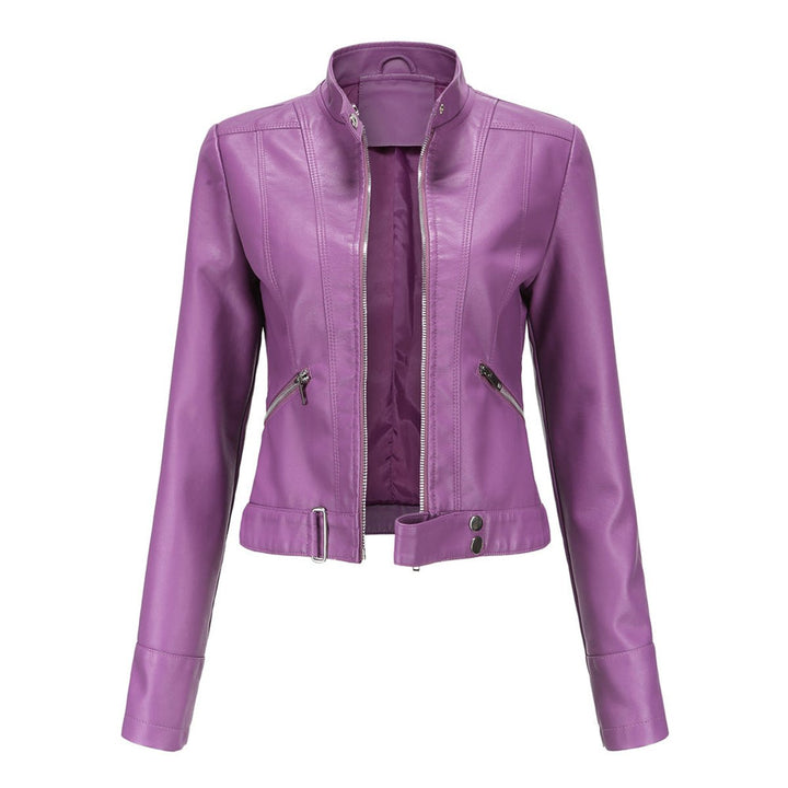 Women's Cropped Faux Leather Jacket Stand-Collar Moto Biker - Dark Violet