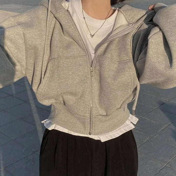 Women's Cropped Fleece Zip-Up Hoodie Relaxed Fit Drawstring Sweatshirt - Light Grey