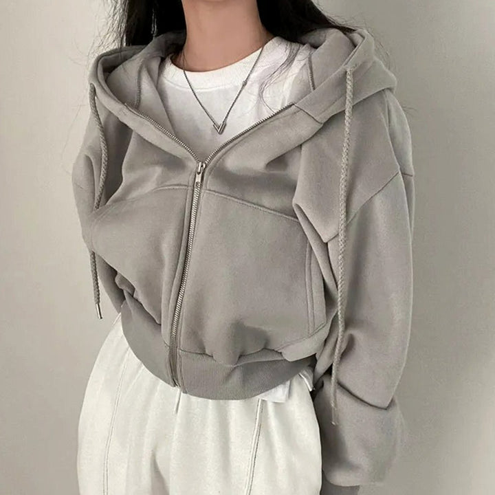 Women's Cropped Fleece Zip-Up Hoodie Relaxed Fit Drawstring Sweatshirt - Grey