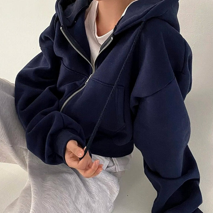 Women's Cropped Fleece Zip-Up Hoodie Relaxed Fit Drawstring Sweatshirt - Blue