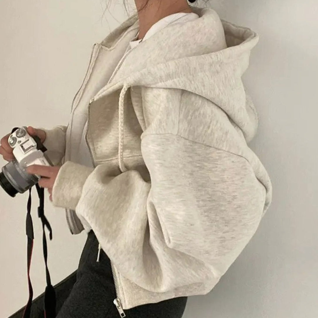 Women's Cropped Fleece Zip-Up Hoodie Relaxed Fit Drawstring Sweatshirt - Beige