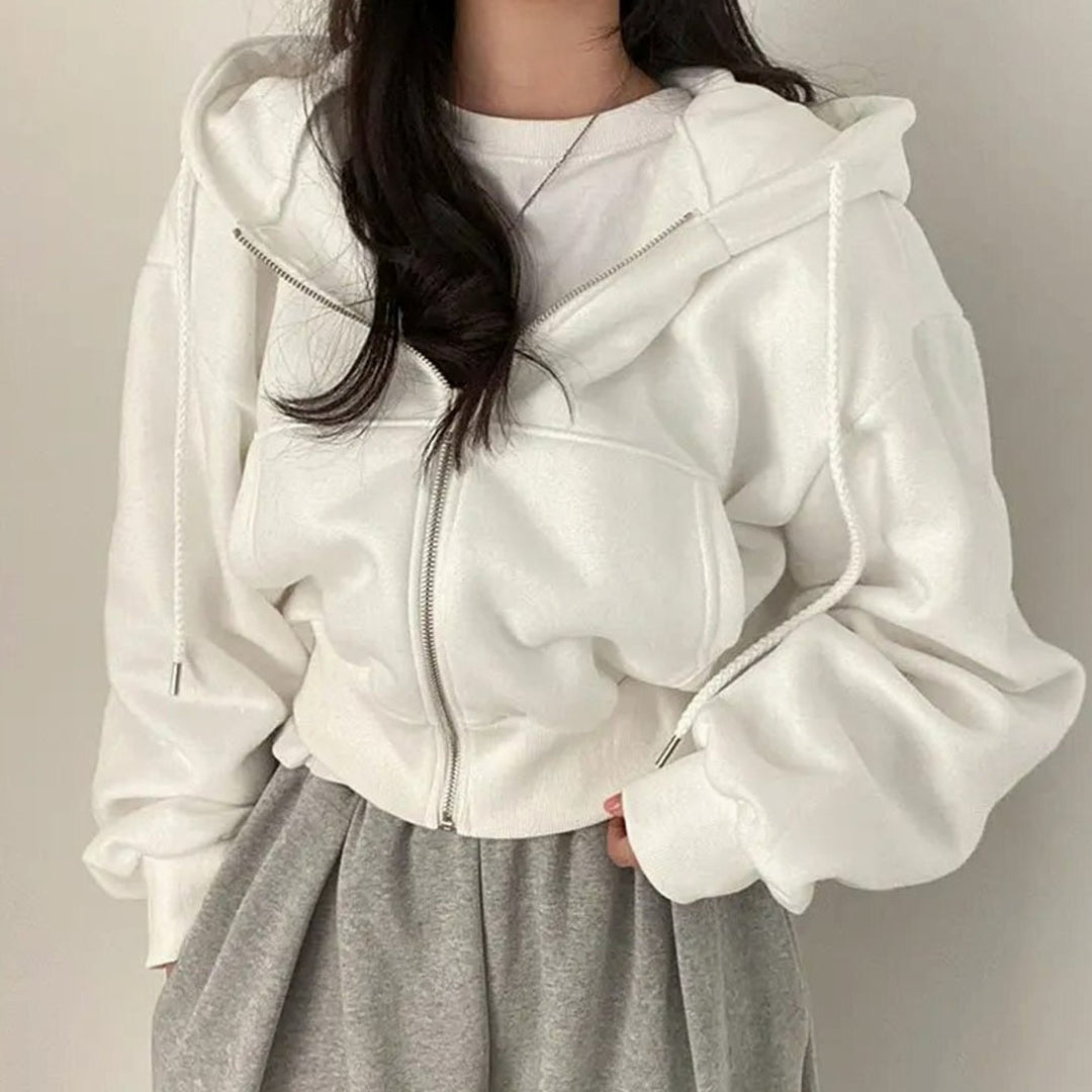 Women's Cropped Fleece Zip-Up Hoodie Relaxed Fit Drawstring Sweatshirt - White