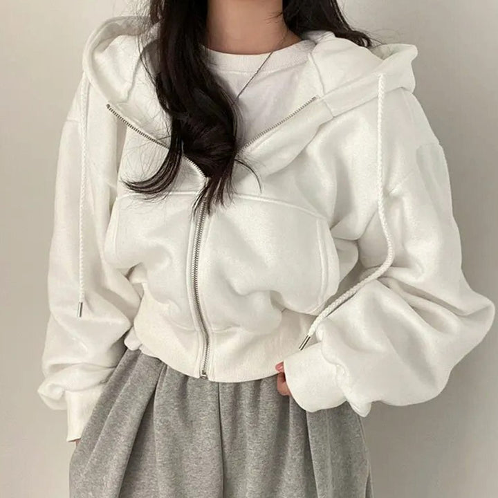 Women's Cropped Fleece Zip-Up Hoodie Relaxed Fit Drawstring Sweatshirt - White