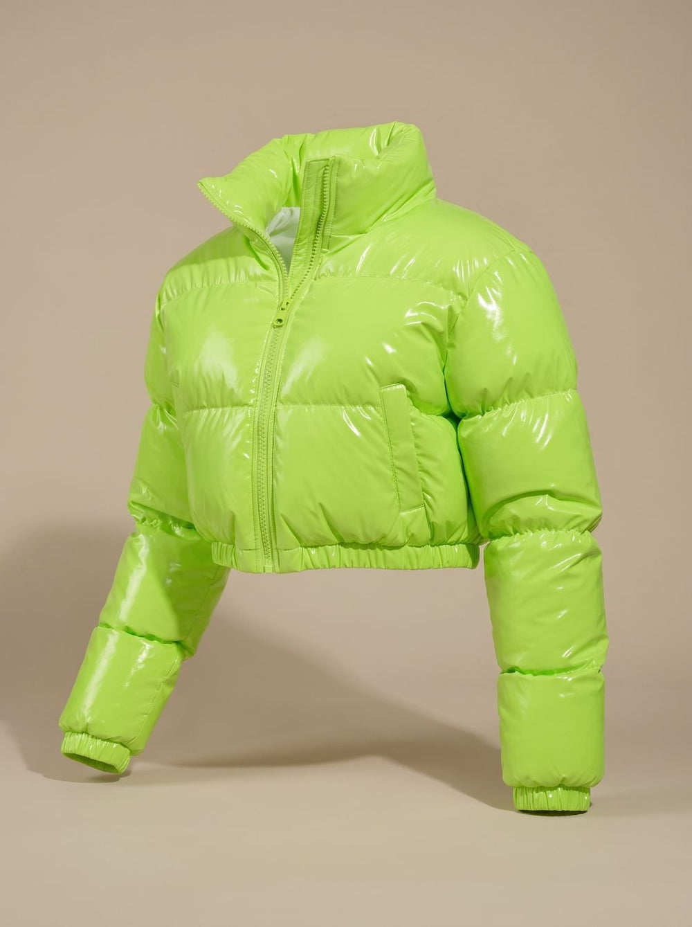 Women's Cropped Glossy Zip-Up Puffer Jacket - Neon Green