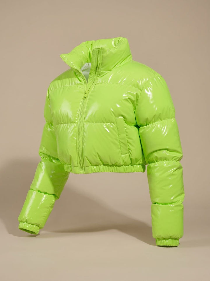 Women's Cropped Glossy Zip-Up Puffer Jacket - Neon Green