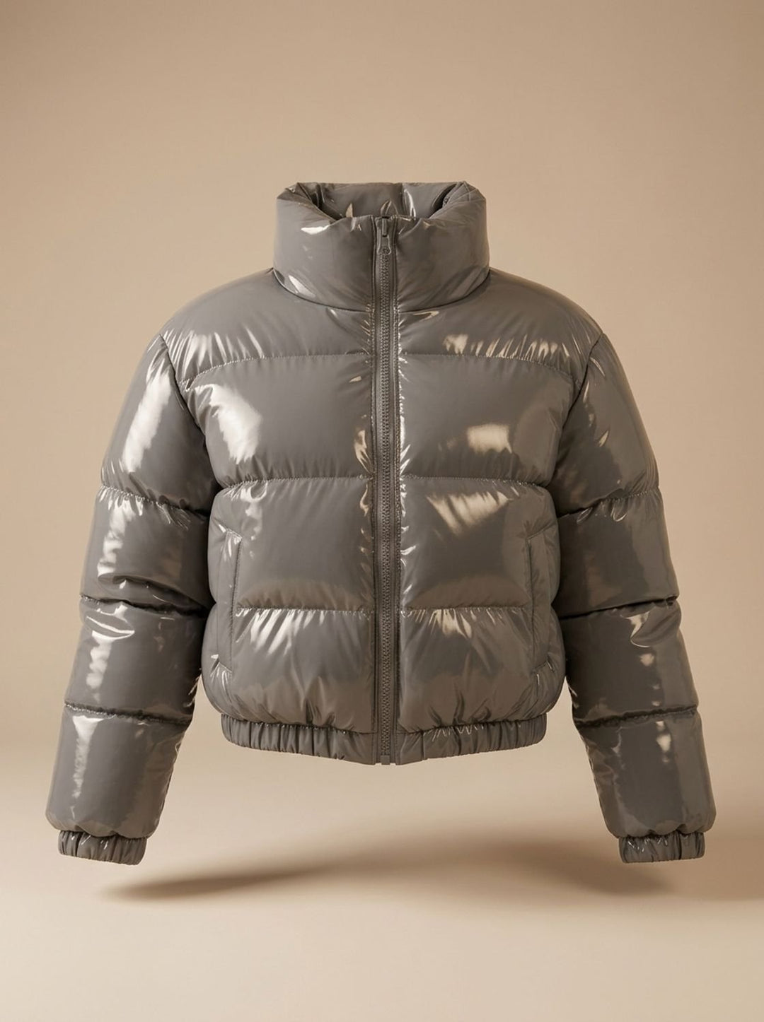 Women's Cropped Glossy Zip-Up Puffer Jacket - Grey