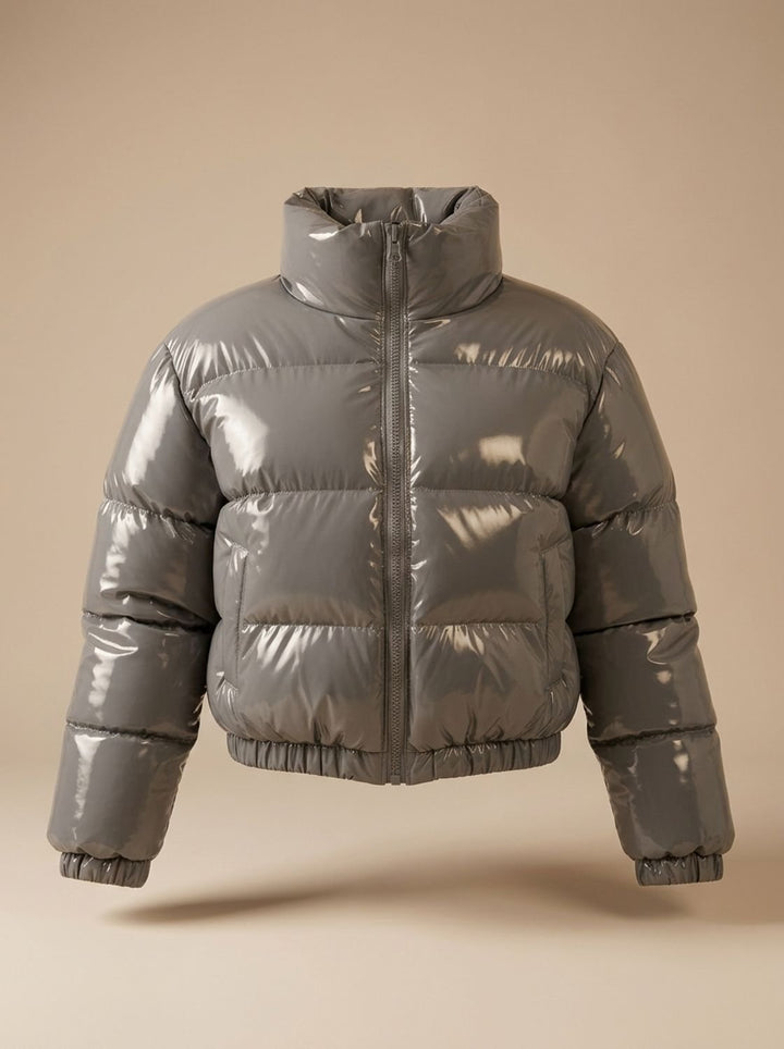 Women's Cropped Glossy Zip-Up Puffer Jacket - Grey
