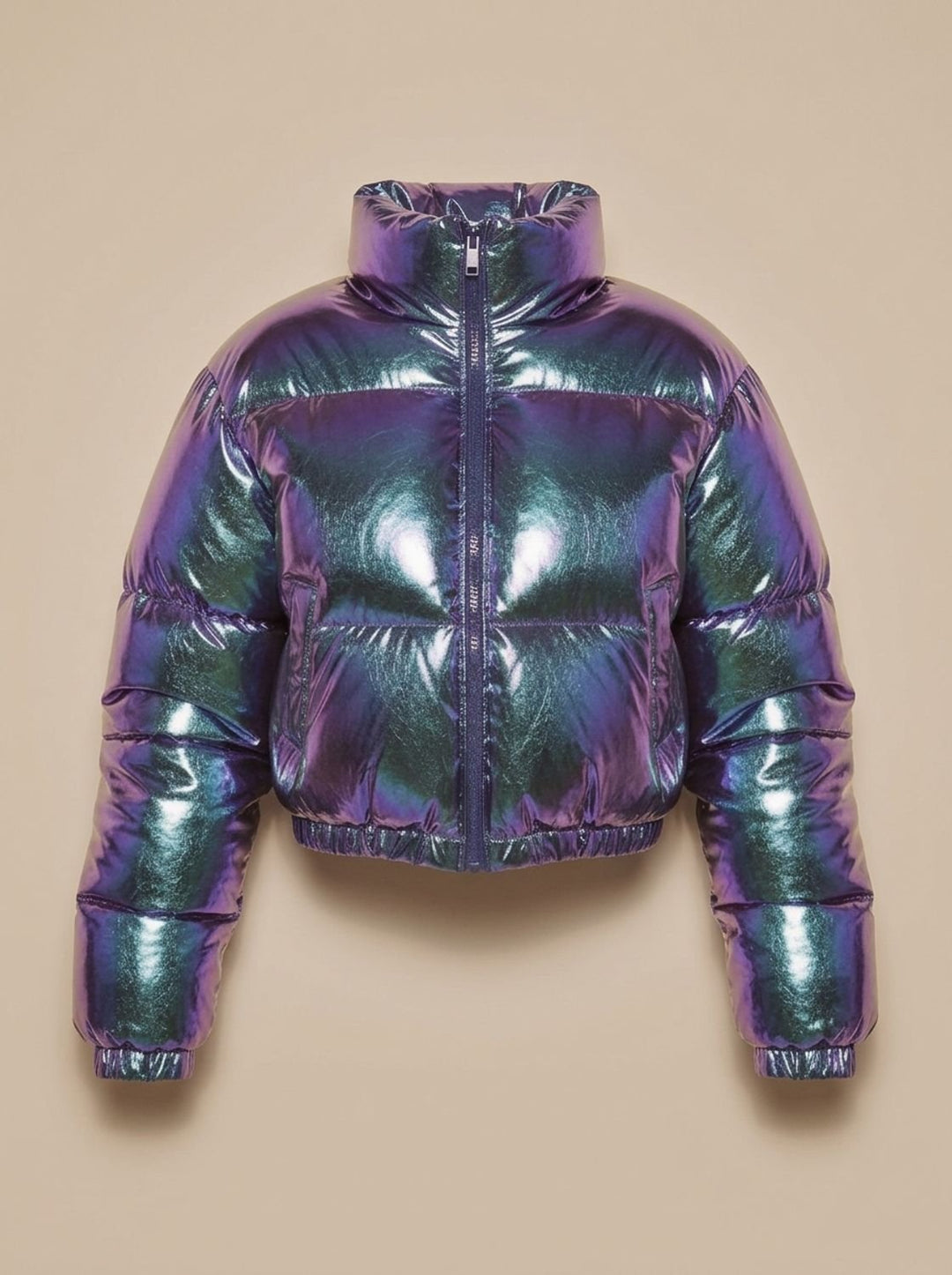 Women's Cropped Glossy Zip-Up Puffer Jacket - Metallic