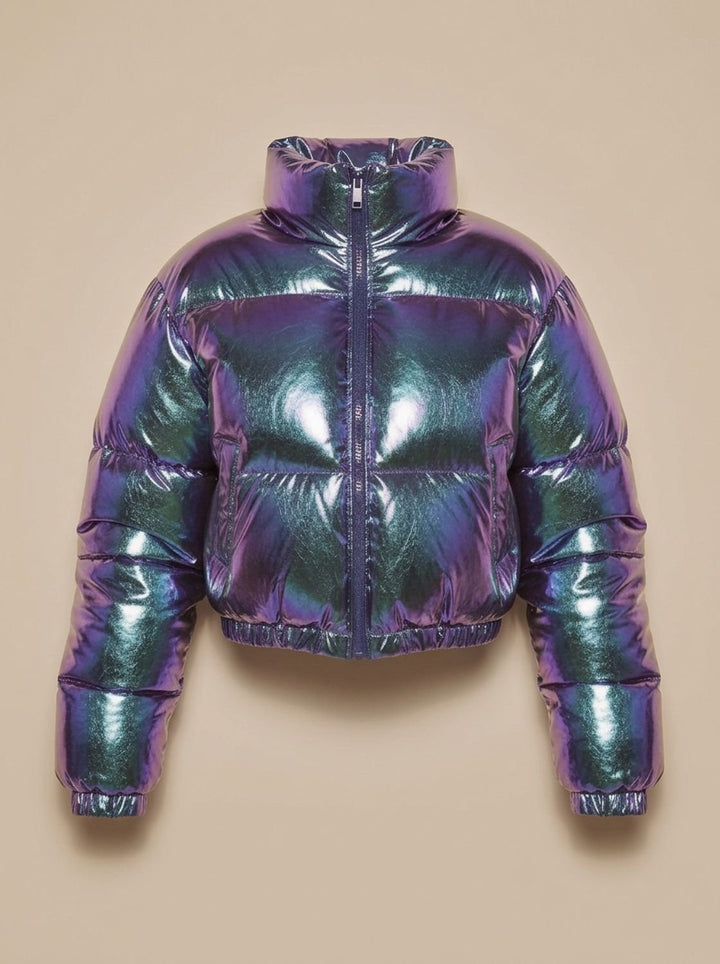 Women's Cropped Glossy Zip-Up Puffer Jacket - Metallic