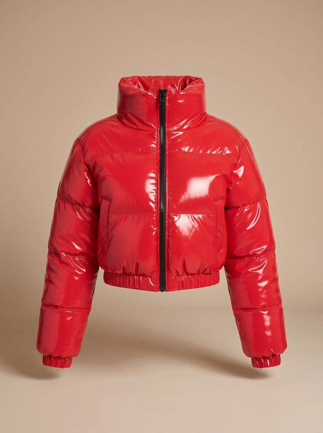 Women's Cropped Glossy Zip-Up Puffer Jacket - Red