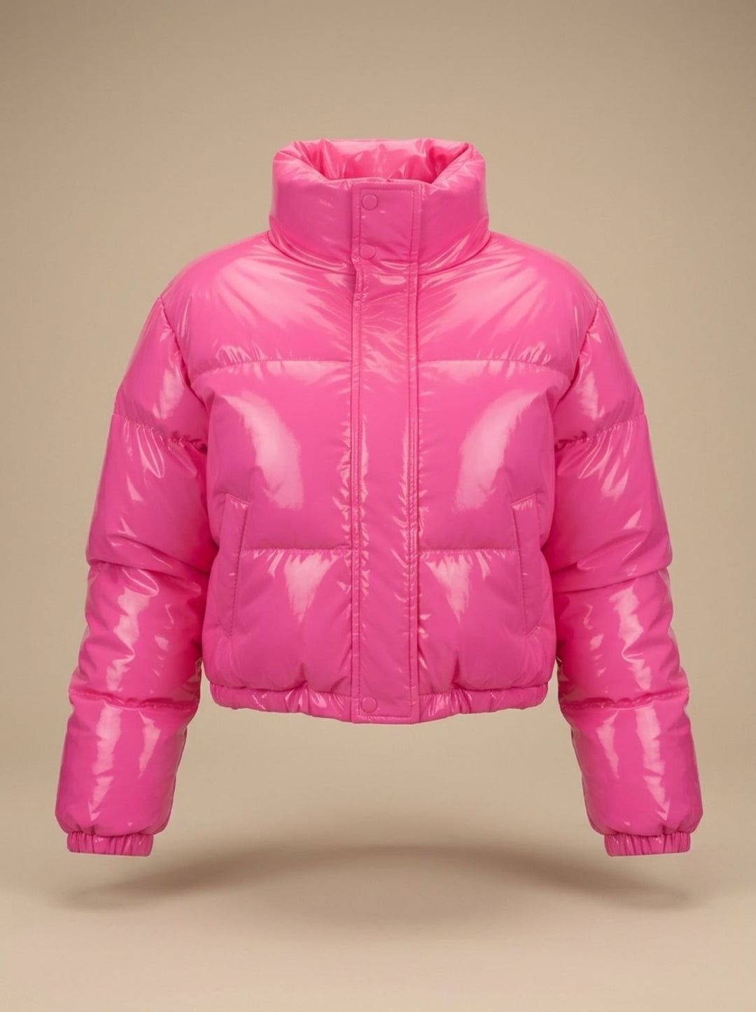 Women's Cropped Glossy Zip-Up Puffer Jacket - Pink