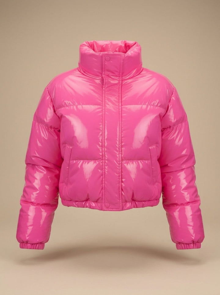 Women's Cropped Glossy Zip-Up Puffer Jacket - Pink