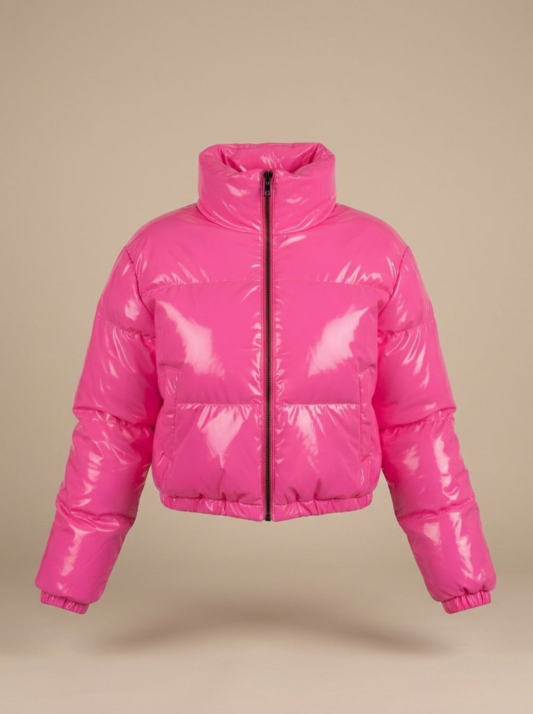 Women's Cropped Glossy Zip-Up Puffer Jacket - Pink