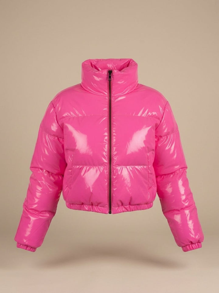 Women's Cropped Glossy Zip-Up Puffer Jacket - Pink
