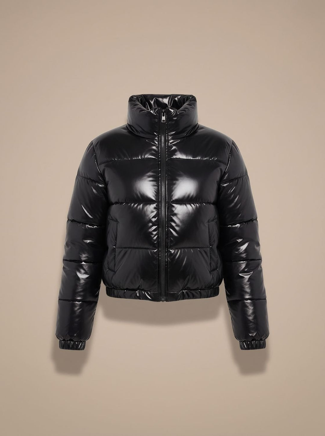 Women's Cropped Glossy Zip-Up Puffer Jacket - Black