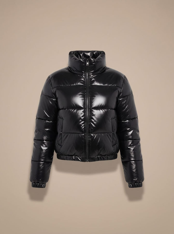 Women's Cropped Glossy Zip-Up Puffer Jacket - Black
