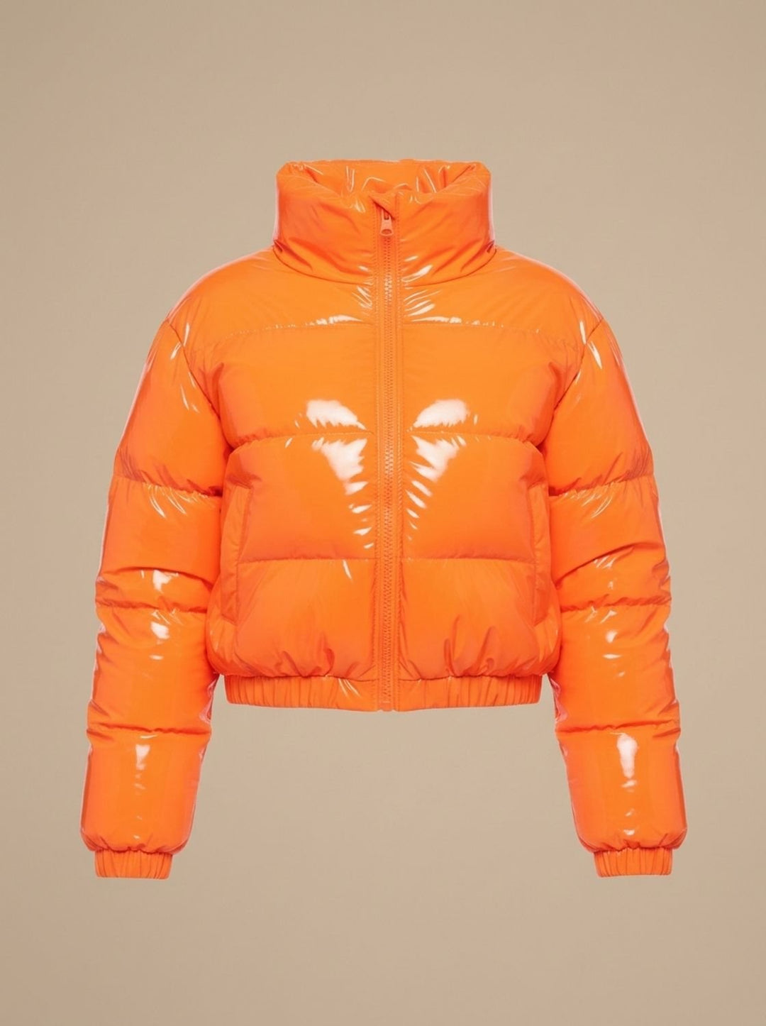 Women's Cropped Glossy Zip-Up Puffer Jacket - Orange