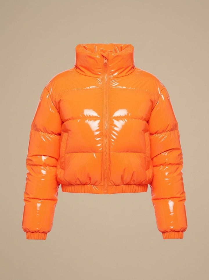 Women's Cropped Glossy Zip-Up Puffer Jacket - Orange