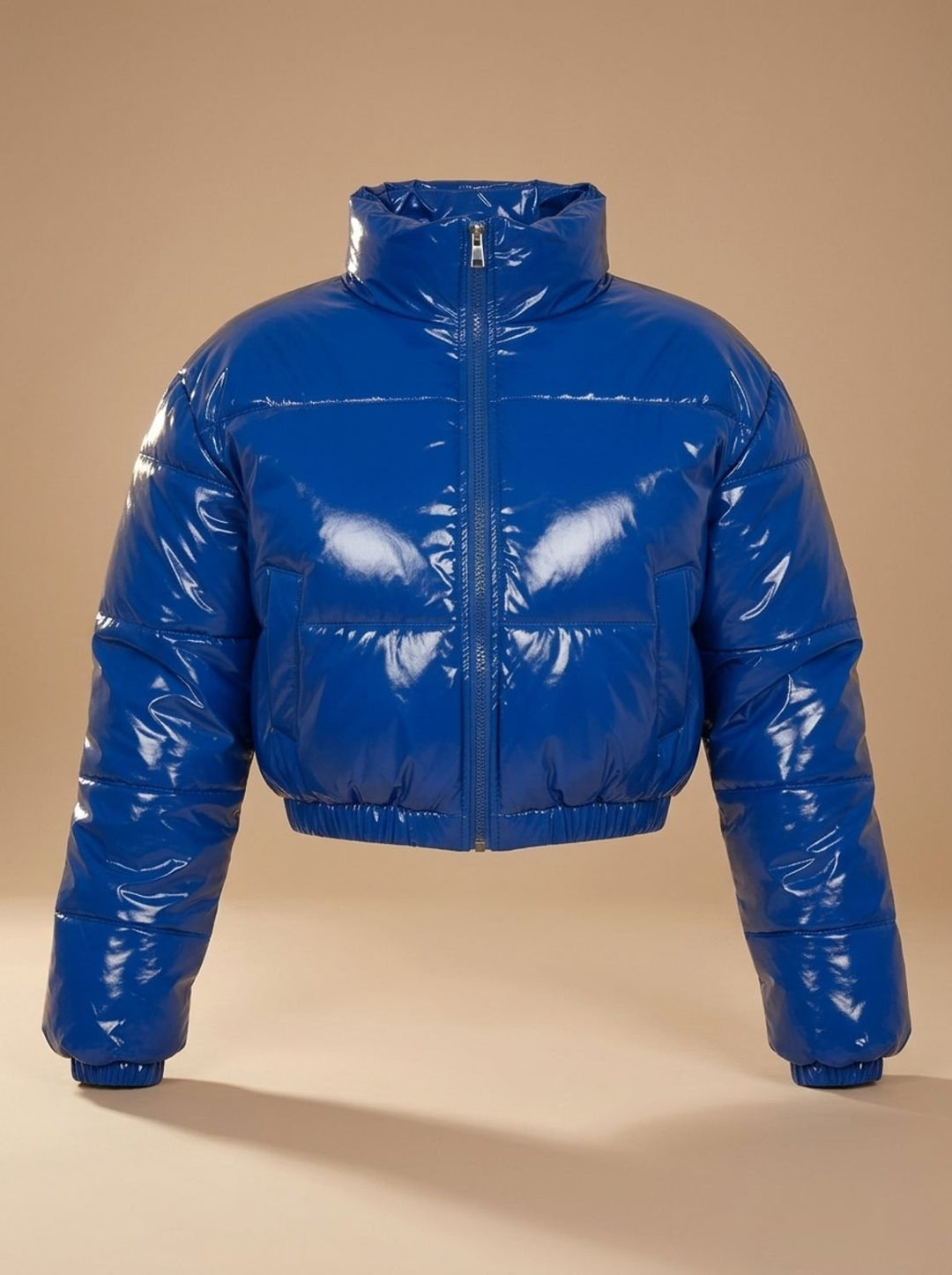 Women's Cropped Glossy Zip-Up Puffer Jacket - Blue
