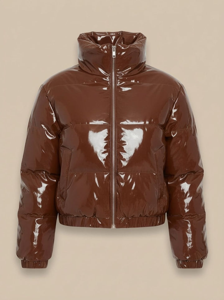 Women's Cropped Glossy Zip-Up Puffer Jacket - Brown