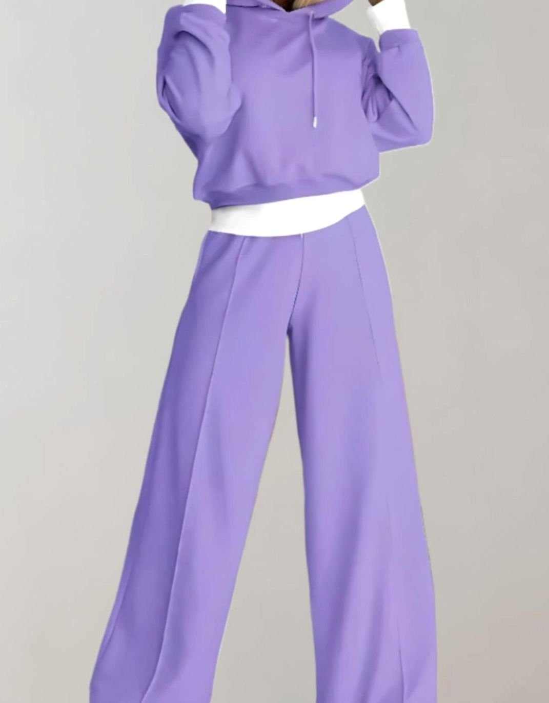 Women's Cropped Hoodie Wide-Leg Drawstring Tracksuit Set - Purple