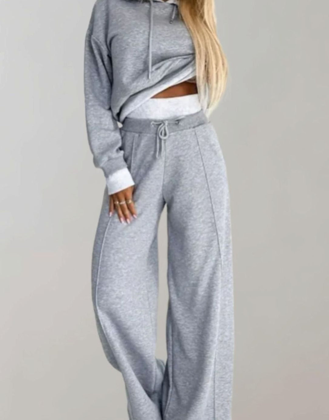 Women's Cropped Hoodie Wide-Leg Drawstring Tracksuit Set - Grey
