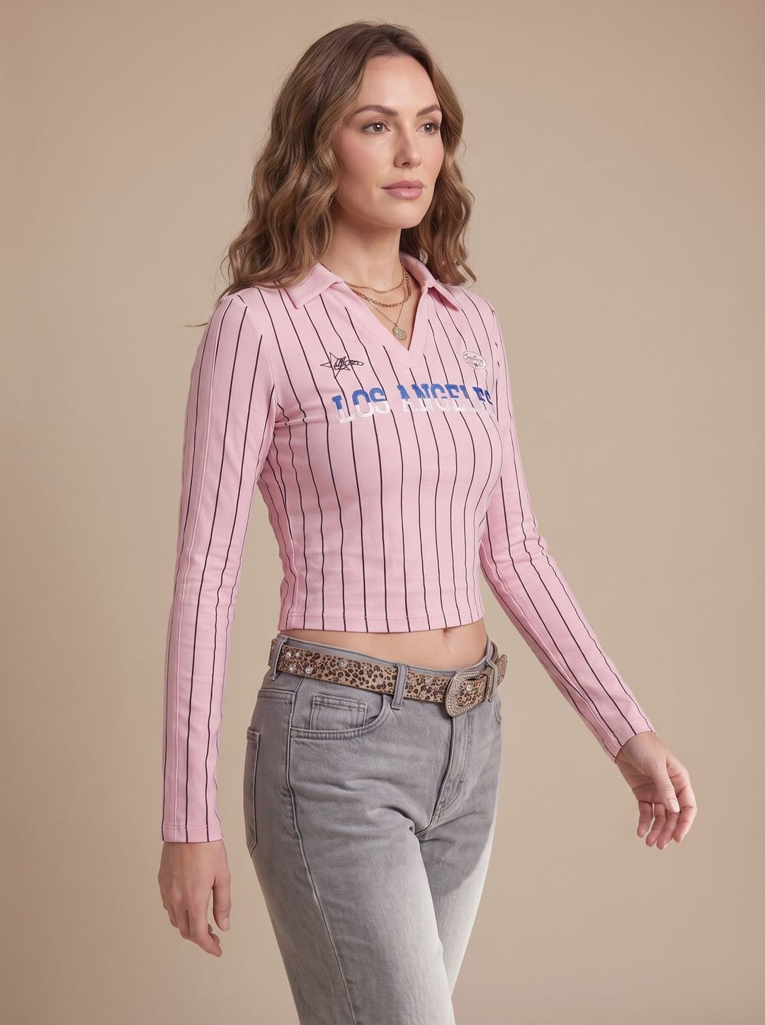 Women's Cropped Long-Sleeve Striped Collared Graphic Top