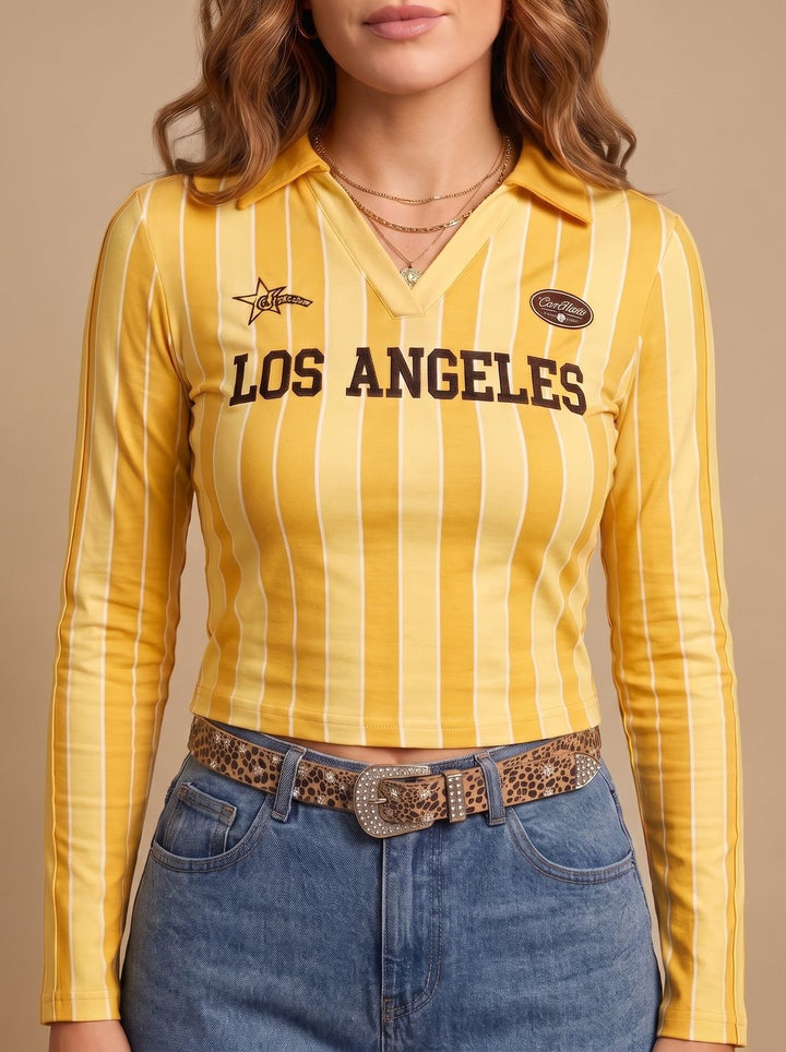 Women's Cropped Long-Sleeve Striped Collared Graphic Top - Yellow