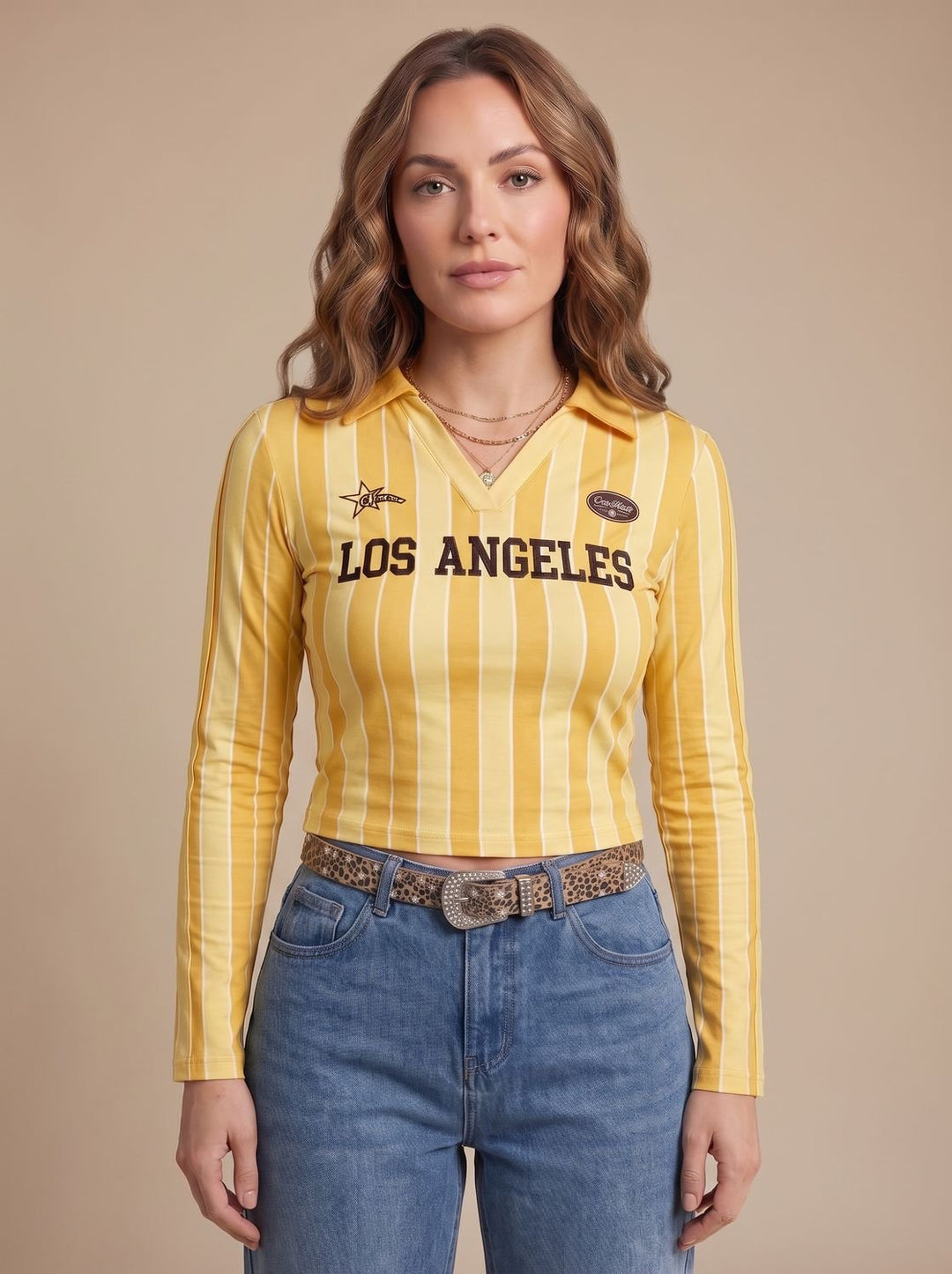 Women's Cropped Long-Sleeve Striped Collared Graphic Top